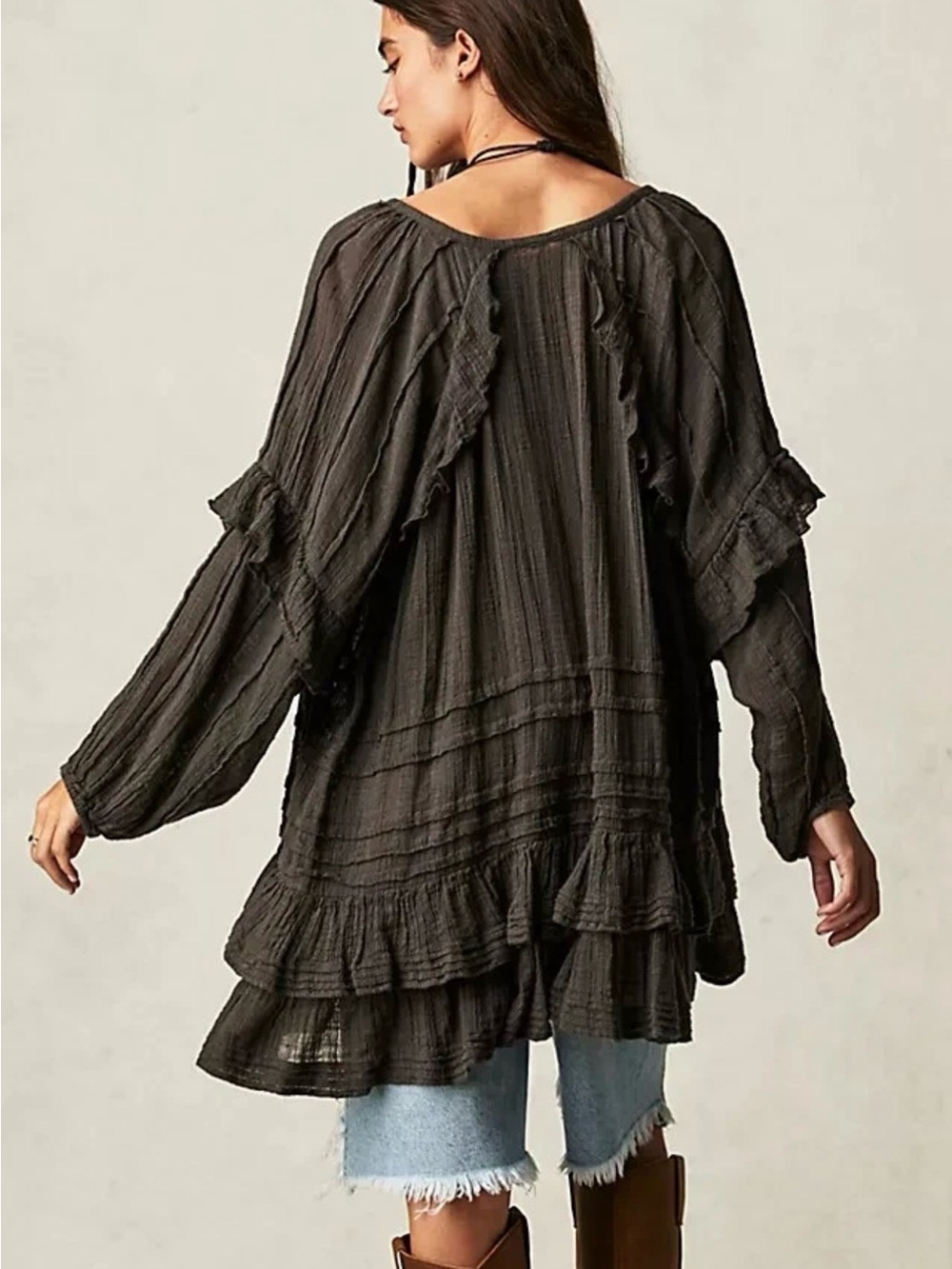 Free People FP One Tamasi V Neck Oversized Ruffle semi-sheer Gray Tunic NWT sz S - Picture 3 of 10